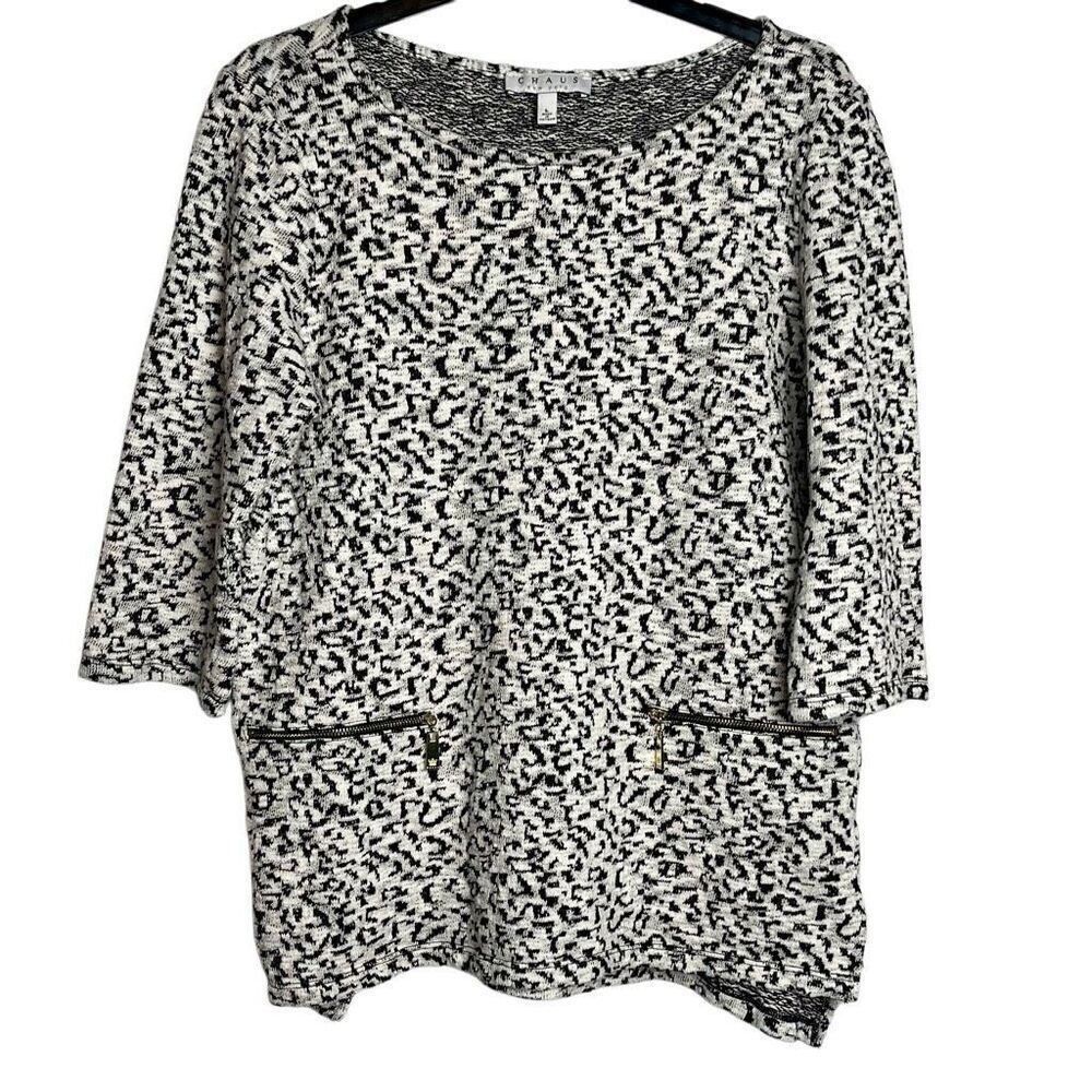 Chaus New York Black White Front Zip Pocket  Sweater Large